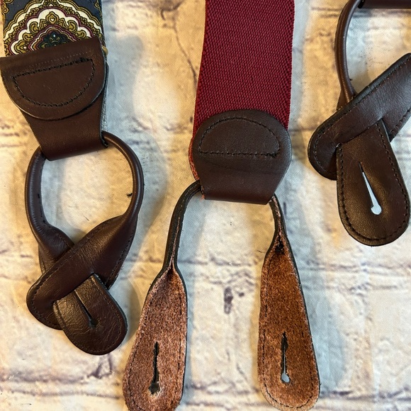 SOLID BRASS HARDWARE MENS PAISLEY PRINT MULTI COLORED BURGUNDY STRAP SUSPENDERS - Picture 5 of 6